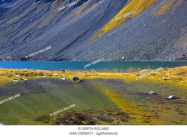 Flüelapass, Switzerland, canton Graubünden, Grisons, Pass, pass height, lake, mountain lake, reflection, mountain, stone