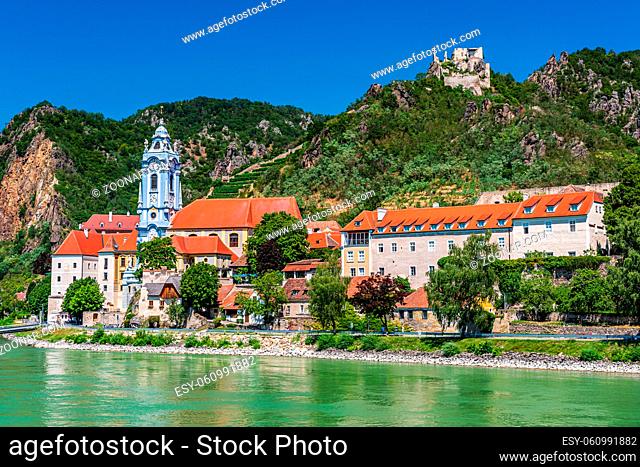 Village, church and Castle of Durnstein in Wachau on Danube, an Unesco World Heritage SIte of Austria