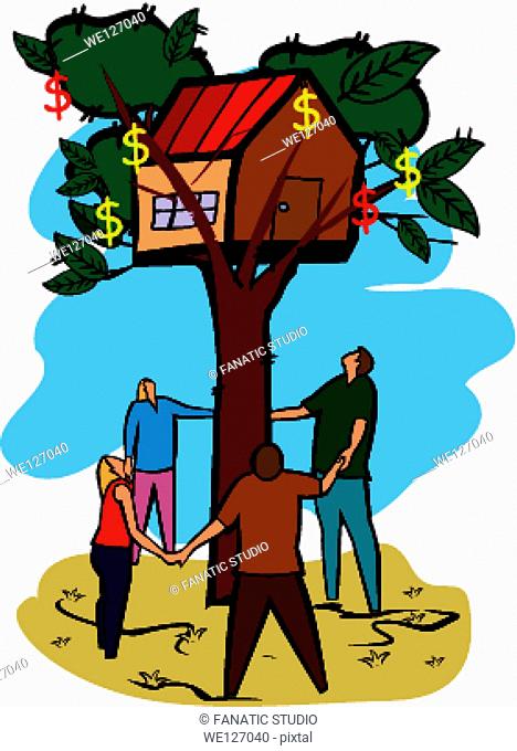Four people standing around a home on a tree