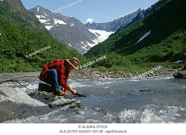 Brevier Creek Mineral Creek Valley Valdez Southcentral Alaska Man Panning Gold Summer