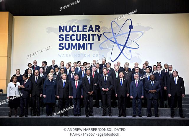 United States President Barack Obama, center, stands among other heads of state and attendees during a family photo at the Nuclear Security Summit in Washington