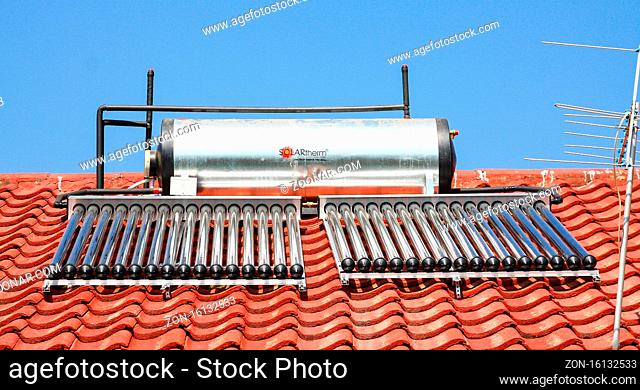 Johannesburg, South Africa - August 28 2010: Solar Water Heating Tubes on a roof