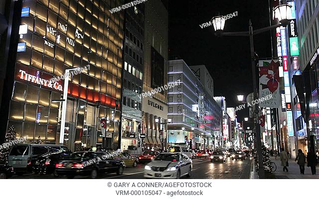 Moving traffic at night, Ginza, Tokyo, Japan