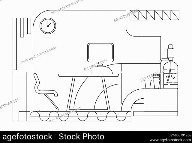 Corporate employee comfortable workplace outline vector illustration. Contemporary office environment contour composition on white background