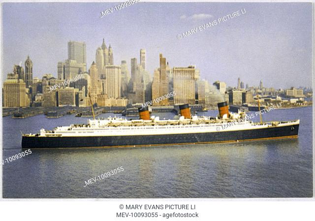 The Cunard liner 'Queen Mary' sails out of New York