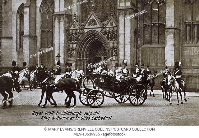 Royal visit to Edinburgh - July 1911. The departure of King George V (1865-1936) and Queen Mary (1867-1953) from St. Giles' Cathedral, Edinburgh