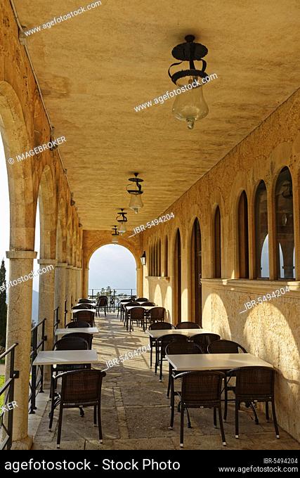 Terrace of the cafe at the Santuari de Cura monastery, Puig de Randa, Randa, Majorca, Balearic Islands, Santuari de Nostra Senyora de Cura, Spain, Europe