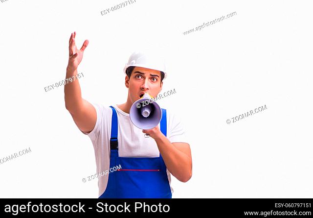 The man with megaphone isolated on white