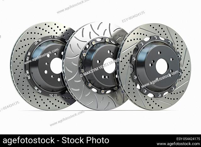 Different types of brake disks. Drilled and slotted brake disks in a row. 3d illustration