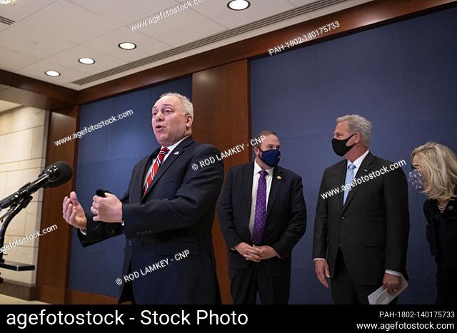 United States Representative Jason Smith (Republican of Missouri), second from left, chats with United States House Minority Leader Kevin McCarthy (Republican...