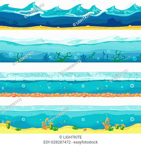 Water waves or ocean, sea seamless vector backgrounds set for ui game design in cartoon style. Graphic Interface. Nature storm flow illustration