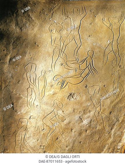 Prehistory, Italy, Paleolithic - Cast of a rock engraving of the Addaura cave, Sicily region.  Palermo, Museo Archeologico Regionale (Archaeological Musem)
