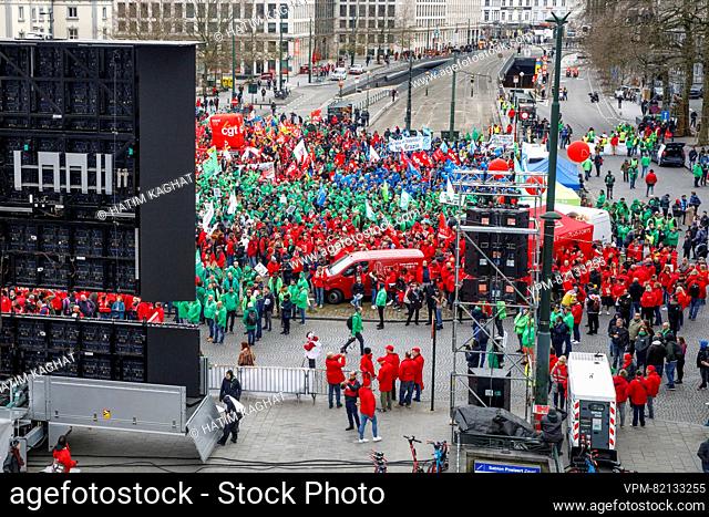 Aerial view taken from the giant wheel shows a demonstration against the European Union's plans to reintroduce austerity, in Brussels, Tuesday 12 December 2023