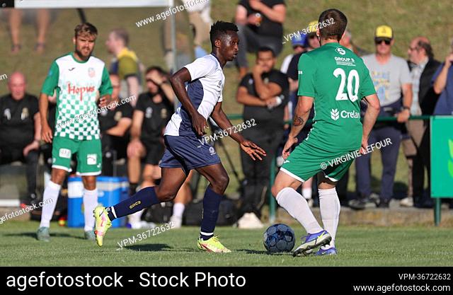 Union's Lazare Amani fights for the ball during a friendly match between Belgian first division soccer team RUSG Royale Union Saint-Gilloise and Rebecq