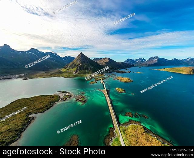 Fredvang Bridges Panorama. Lofoten islands is an archipelago in the county of Nordland, Norway. Is known for a distinctive scenery with dramatic mountains and...