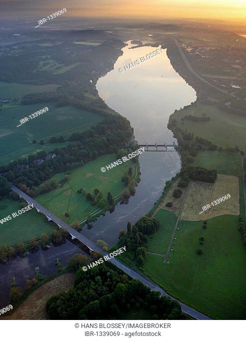 Aerial photo, Ruhr river, Stiepel, Kemnader Stausee reservoir, Ruhr river valley, sunrise, Witten, Ruhrgebiet area, North Rhine-Westphalia, Germany, Europe