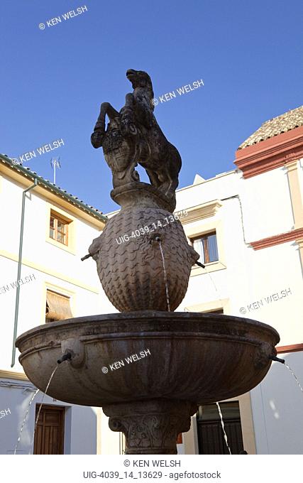 Cordoba, Cordoba Province, Spain. Fountain with statue of a colt in Plaza del Potro