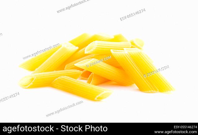 Uncooked penne pasta. Dried italian pasta isolated on white background