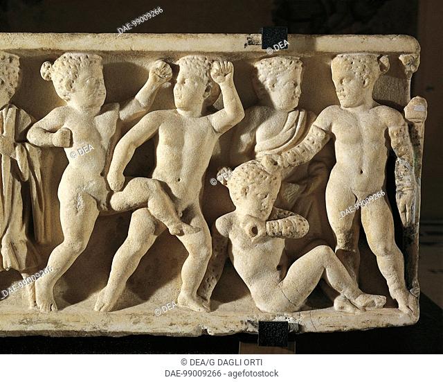Roman civilization, 3rd century A.D. Front side of a sarcophagus. Wrestling children. Detail.  Paris, Musée Du Louvre