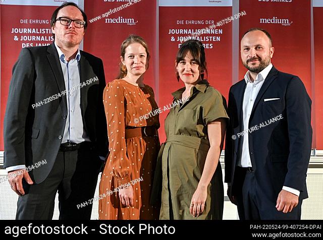 23 May 2022, Berlin: Journalists Daniel Drepper (l-r), Katrin Langhans, Juliane Löffler and Marcus Engert from the Ippen Investigativ team at the ""Journalist...