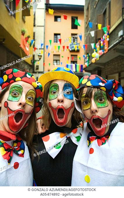 Girls dressed as clowns, carnival, Tolosa. Guipuzcoa, Basque Country, Spain
