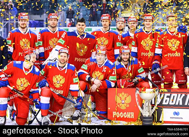 RUSSIA, ST PETERSBURG - DECEMBER 17, 2023: Russia 25's players celebrate winning their 2023 Channel One Cup ice hockey match against Kazakhstan at the Ledovy...