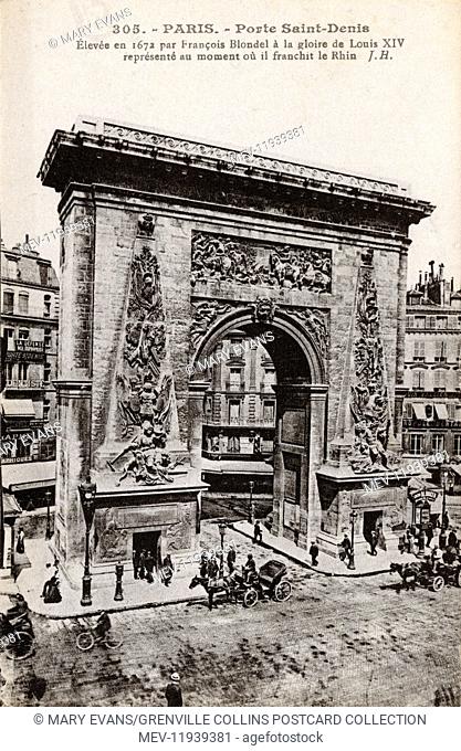 Paris, France - Porte Saint-Denis, designed by Francois Blondel showing the moment of the Crossing of the Rhine by the army of Louis XIV in 1672