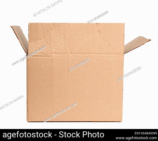 open rectangular box made of brown corrugated cardboard isolated on a white background