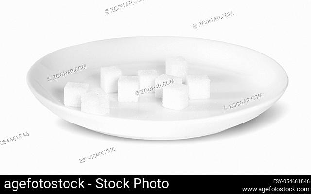 Sugar Cubes On A White Plate Isolated On White Background