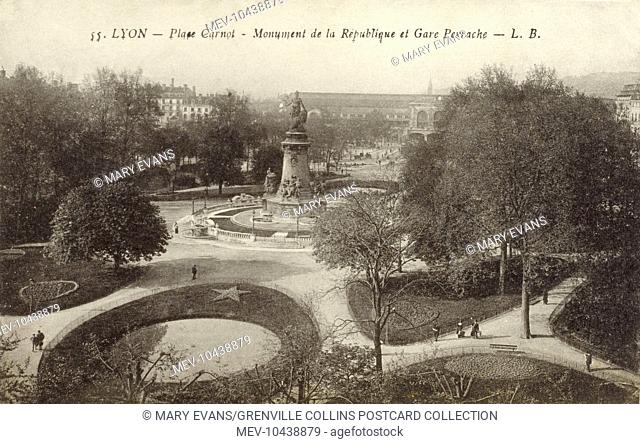 Lyon, France - Place Carnot with the Monument de la Republique and the Gare (Station) Perrache in the background