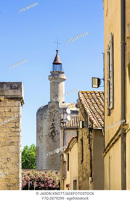 Views through the medieval village towards the Tour de Constance, Aigues Mortes, Nimes, Gard, Occitanie, France