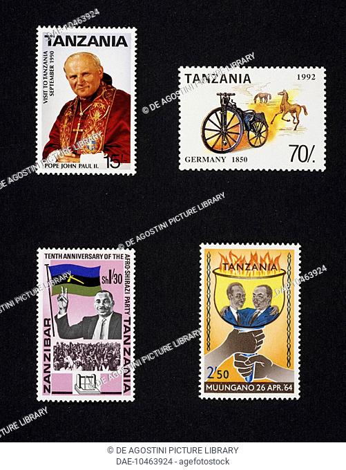 Top from left, postage stamp from the series commemorating Pope John Paul II's (1920-2005) visit in Tanzania, 1990; postage stamp from series History of the...