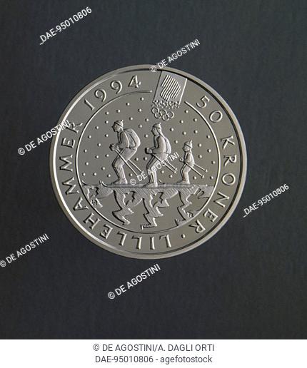 50 kroner silver coin commemorating the 1994 Winter Olympic Games in Lillehammer, issued in 1991, reverse depicting skiers. Norway, 20th century