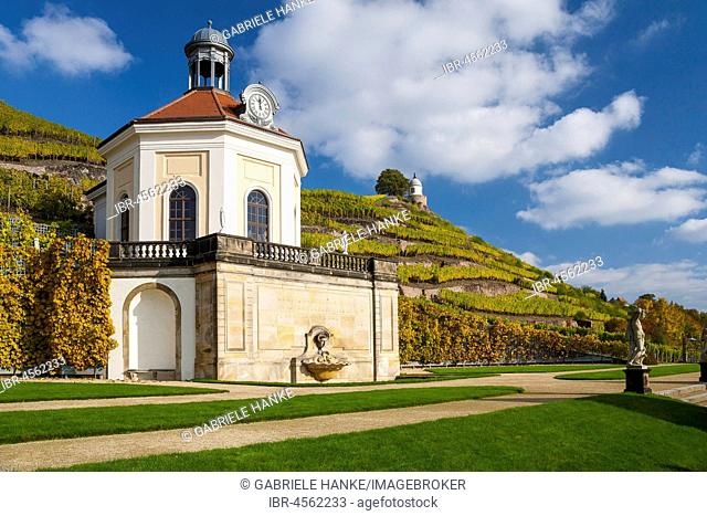 Belvedere with view to the Jacobstein, Wackerbarth Castle, Radebeul, Saxony, Germany