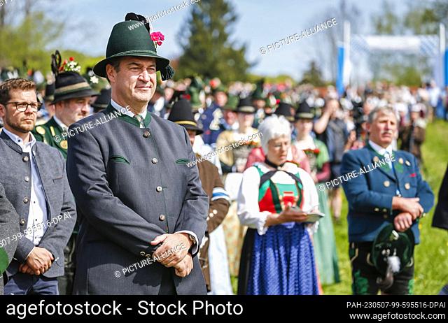 07 May 2023, Bavaria, Gmund: Markus Söder (CSU), Bavaria's Minister President, takes part in a festive service at the patron saint's day of the Bavarian...
