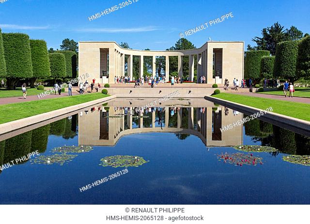 France, Calvados, Colleville sur Mer, the American cemetery above Omaha Beach, the memorial and its bronze statue of seven meters high