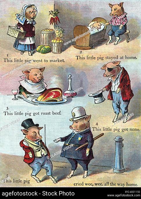 This little pig went to market. After a work by an unidentified artist in a 19th century children's nursery rhyme book. This little pig stayed at home