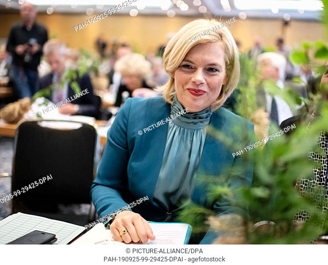 25 September 2019, Berlin: Julia Klöckner (CDU), Federal Minister of Food and Agriculture, sits at the ""National Forest Summit"" in a Berlin hotel