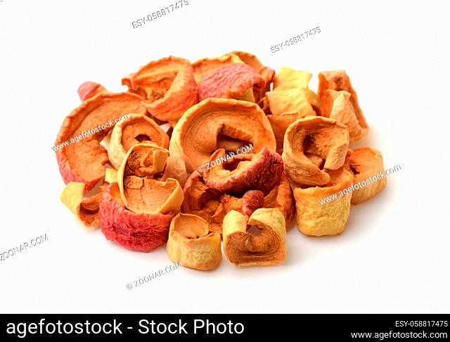 Heap of chopped dried apples isolated on white
