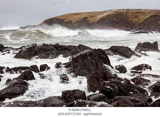 rough ocean in Winter, waves and stormy sky, St. Bride's, Newfoundland, Canada