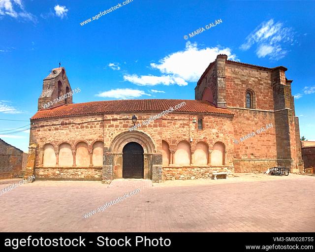 Facade of San Andres church. Romanillos de Atienza, Guadalajara province, Castilla La Mancha, Spain