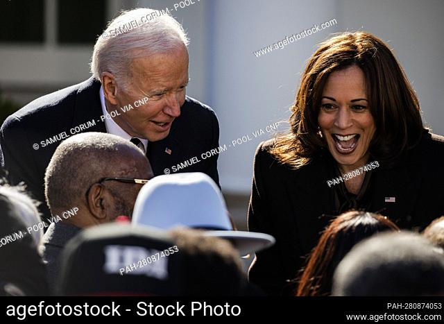 U.S. President Joe Biden and U.S. Vice President Kamala Harris greet guests after President Biden signed H.R. 55, the ""Emmett Till Antilynching Act”