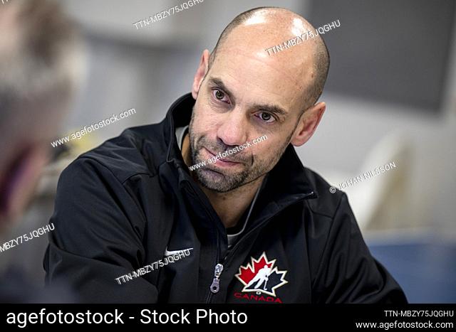 Alan Letang, the national team captain, is interviewed when Canada's team trains in Limhamns Ice Hall in Malmö, Sweden, 18 December 2023 ahead of the JVM (2024...