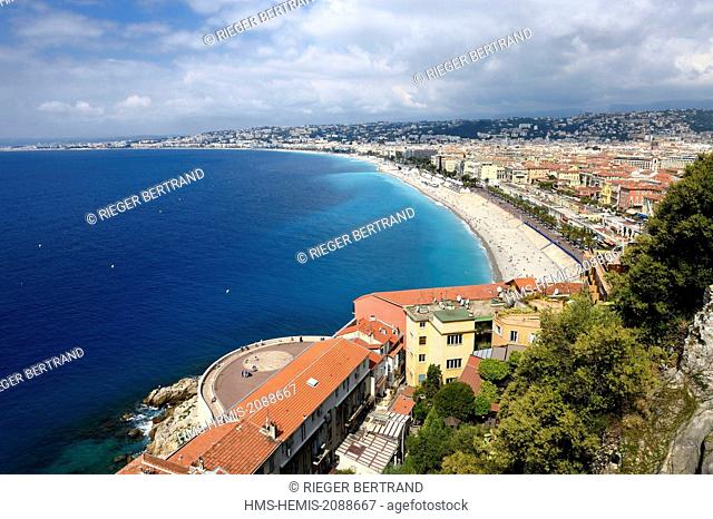 France, Alpes Maritimes, Nice, the Baie des Anges, in the foreground the sundial of the point Ponchettes, the Promenade des Anglais on the seafront in the...