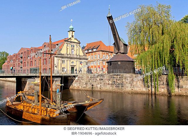 Old harbour with Salzewer ship and barge, historical salt ships, old crane, Lueneburg, Lower Saxony, Germany, Europe