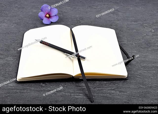 Notizbuch, Stift und Hibiskus auf Schiefer - Notebook, pen and hibiscus on slate