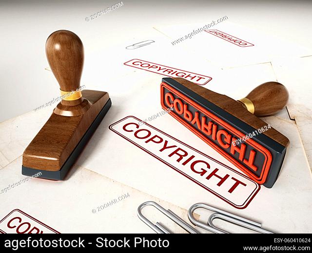 Copyright stamp standing on documents. 3D illustration