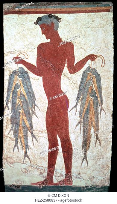 Minoan fresco from Thera showing a boy with fishes, 20th century