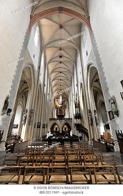 Nave with organ, St. James Church, built 1311-1484, Evangelical Lutheran Parish Church of St. Jakob, Rothenburg ob der Tauber, Bavaria, Germany, Europe