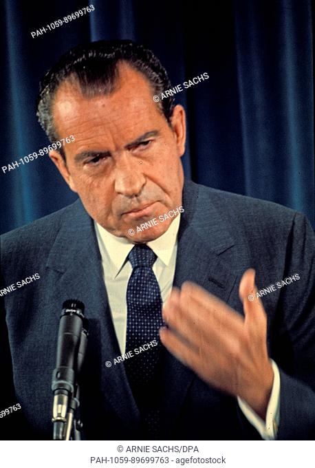 FILE - United States President Richard M. Nixon holds a press conference in the East Room of the White House in Washington, DC circa June 1970